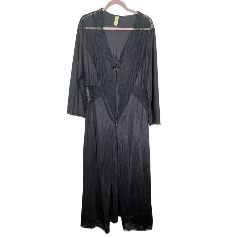 Vintage Black Satin & Lace Maxi Sleeveless Nightgown & Long Sleeve Robe Size XXX